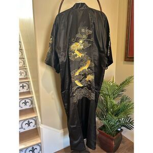 Black Embroidered Satin Unisex  Kimono
